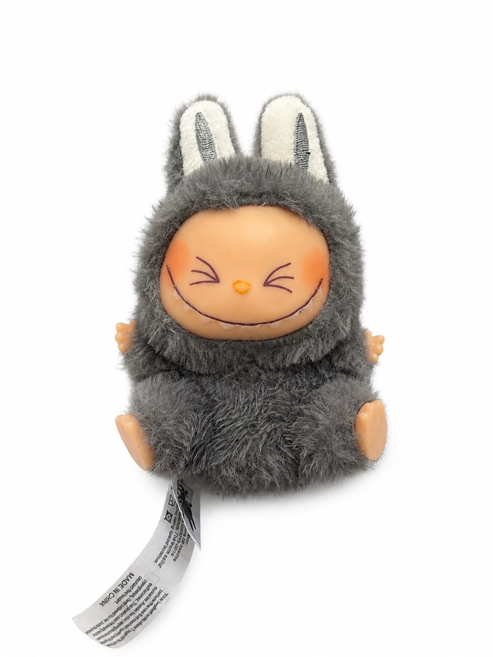 Gray Furry Plush Labubu - Cute Smiling Face